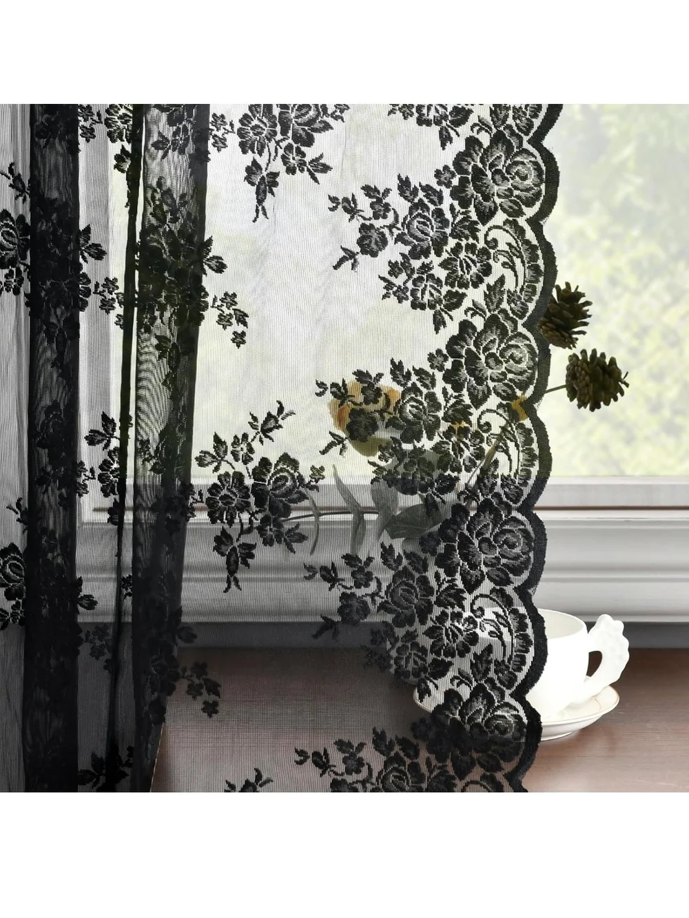 Black Lace Sheer Curtain Panels - Elegant Window Drapery